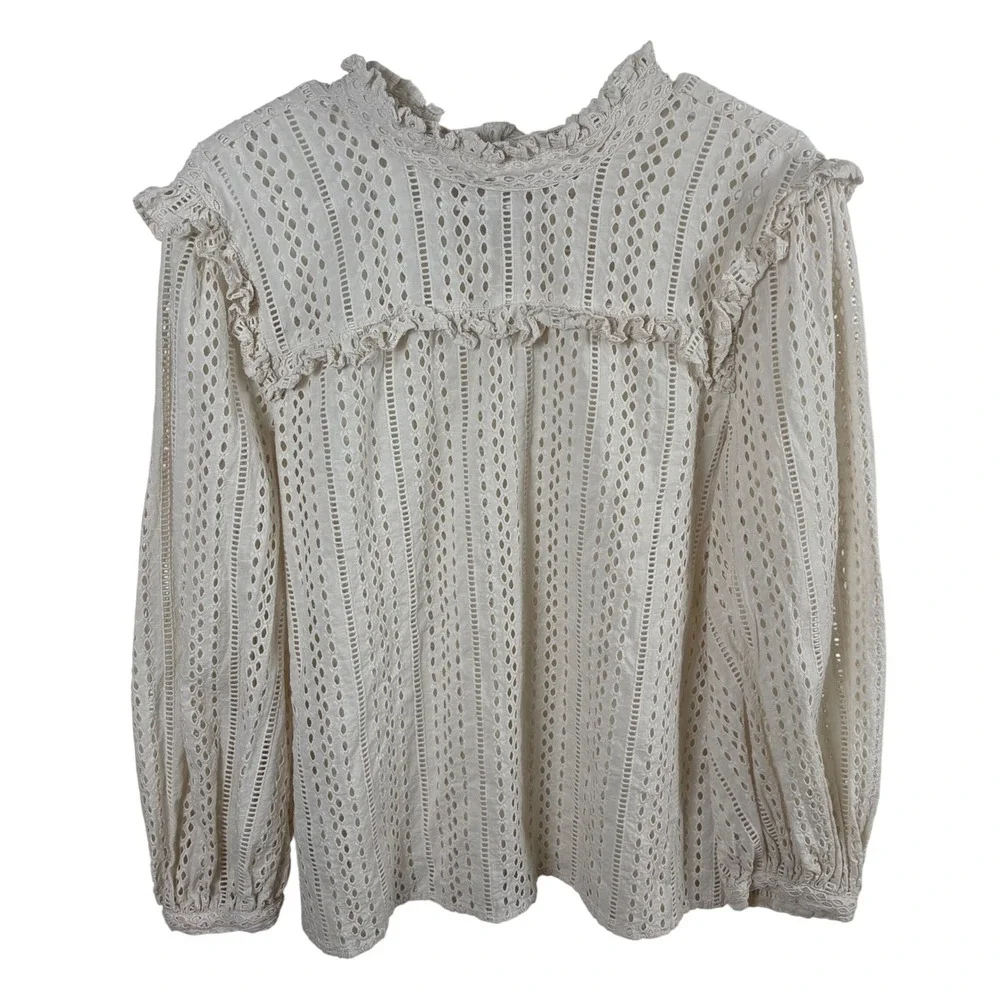 Madewell Eyelet Blouse Size M Ivory Ruffle Cotton Boho Cottagecore Victorian Top
